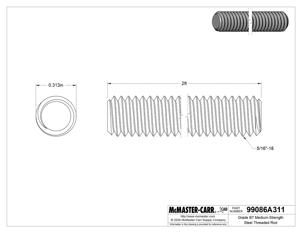 Technical Drawing of Grade B7 Medium-Strength Steel Threaded Rod, Zinc Yellow-Chromate Plated, 5/16"-18 Thread Size, 2 Feet Long.